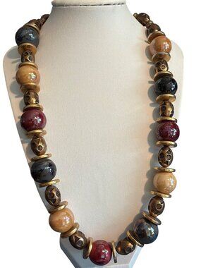 Vintage Ceramic Etched Copper Bead Necklace Gold Tone 21" Boho Tribal Estate 3oz